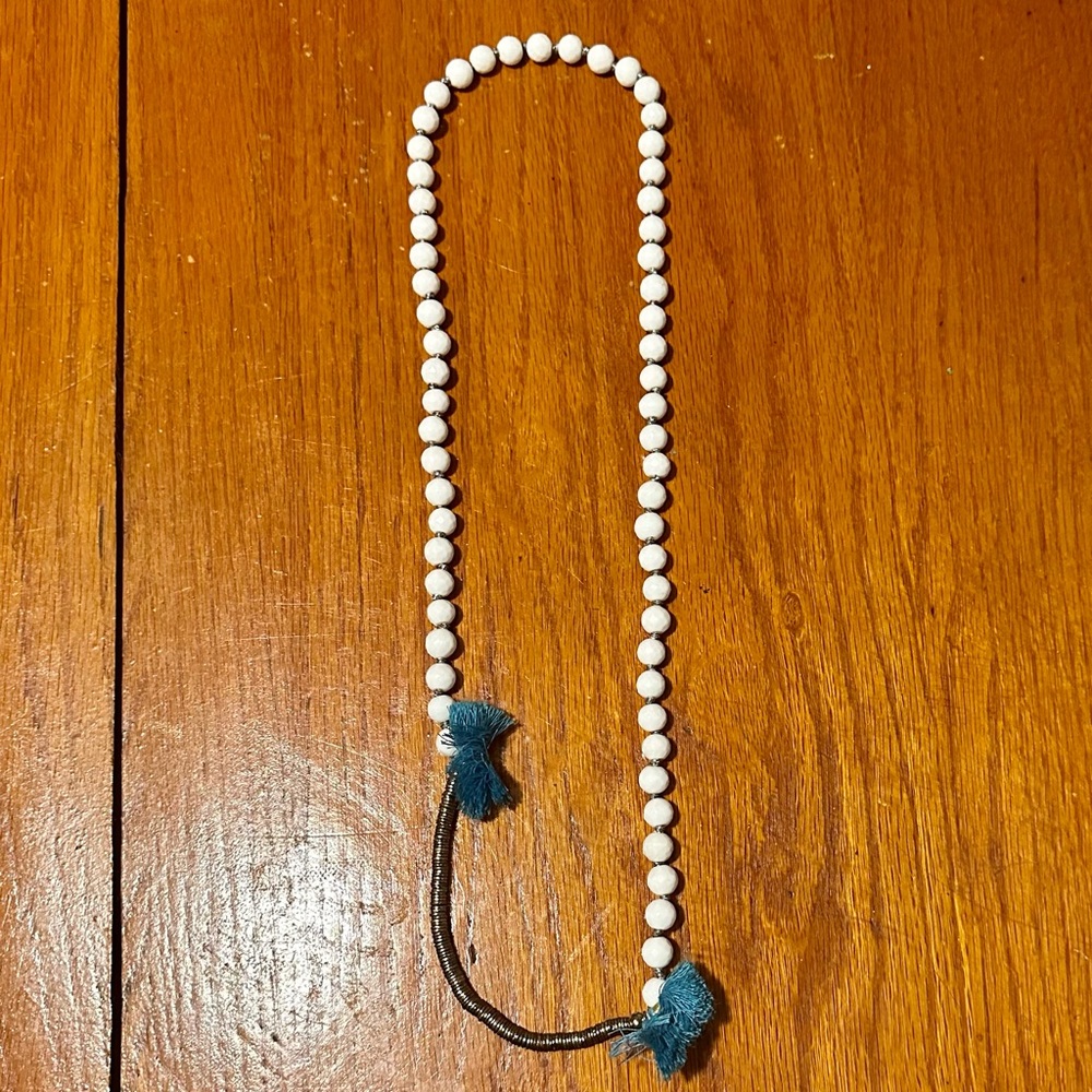 Noonday handmade necklace, color: white, gold, & turquoise